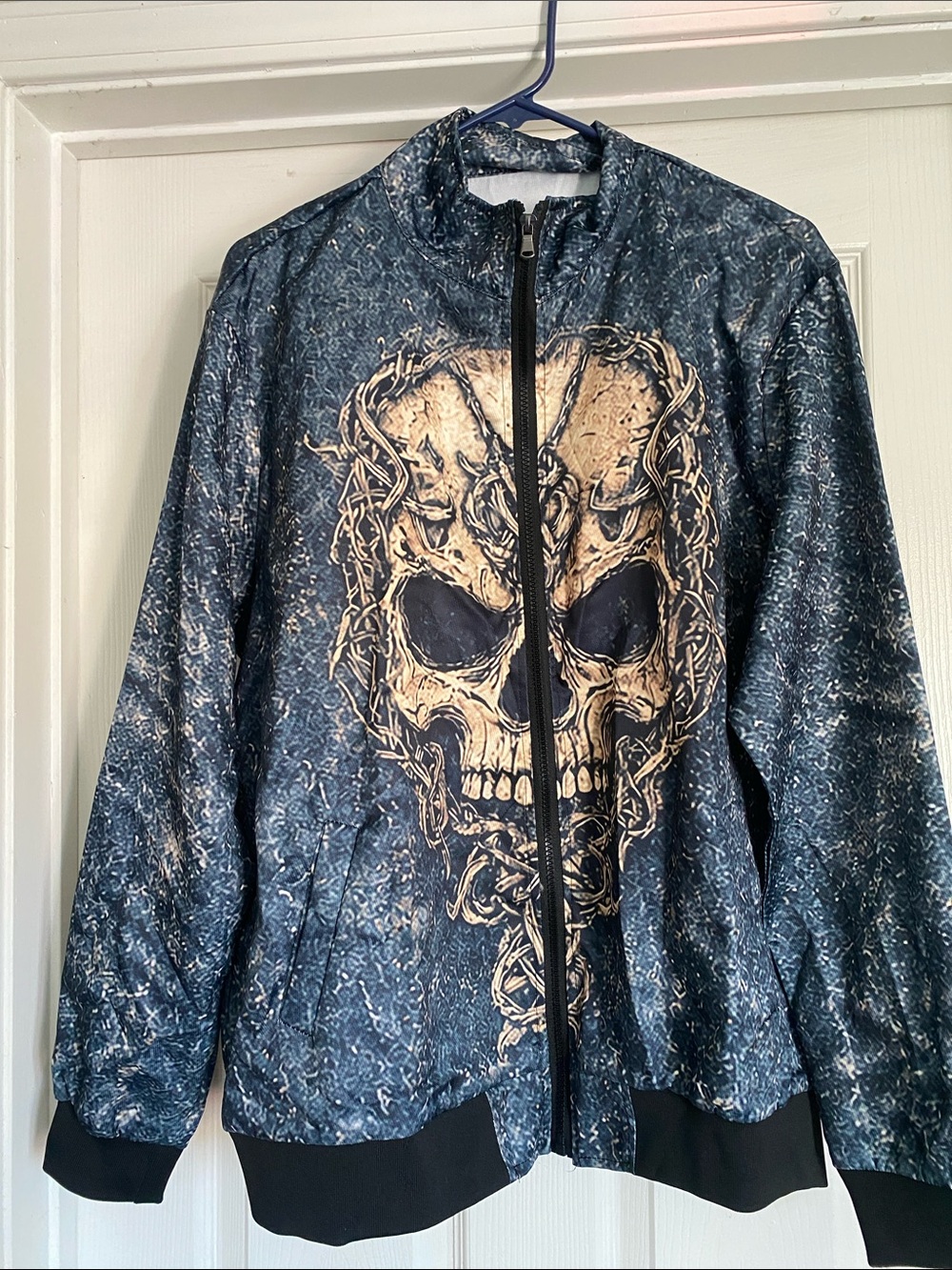 Skull Graphic Zip-Up Jacket in Navy and Beige .